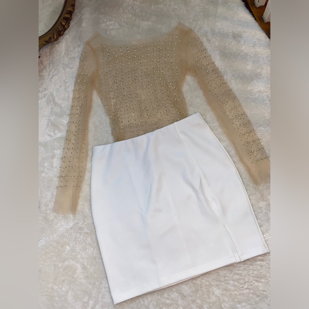 Sheer Pearl top & white skirt